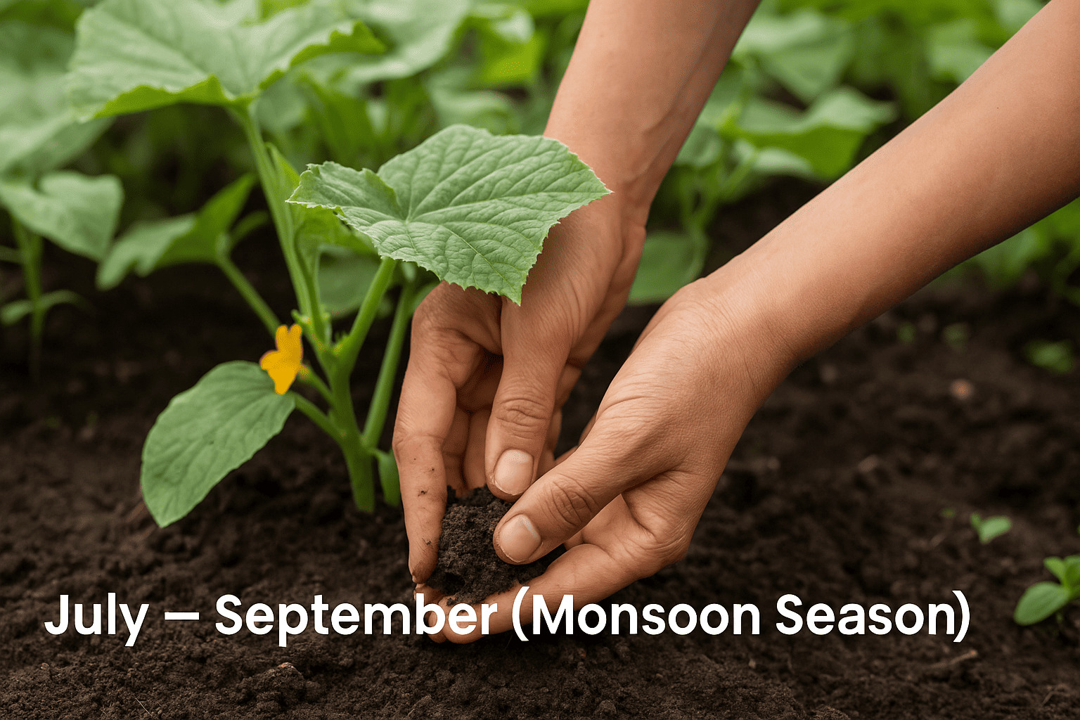 Urban Plant image showing hands planting cucumber seedlings in moist monsoon soil during the July to September growing season in India